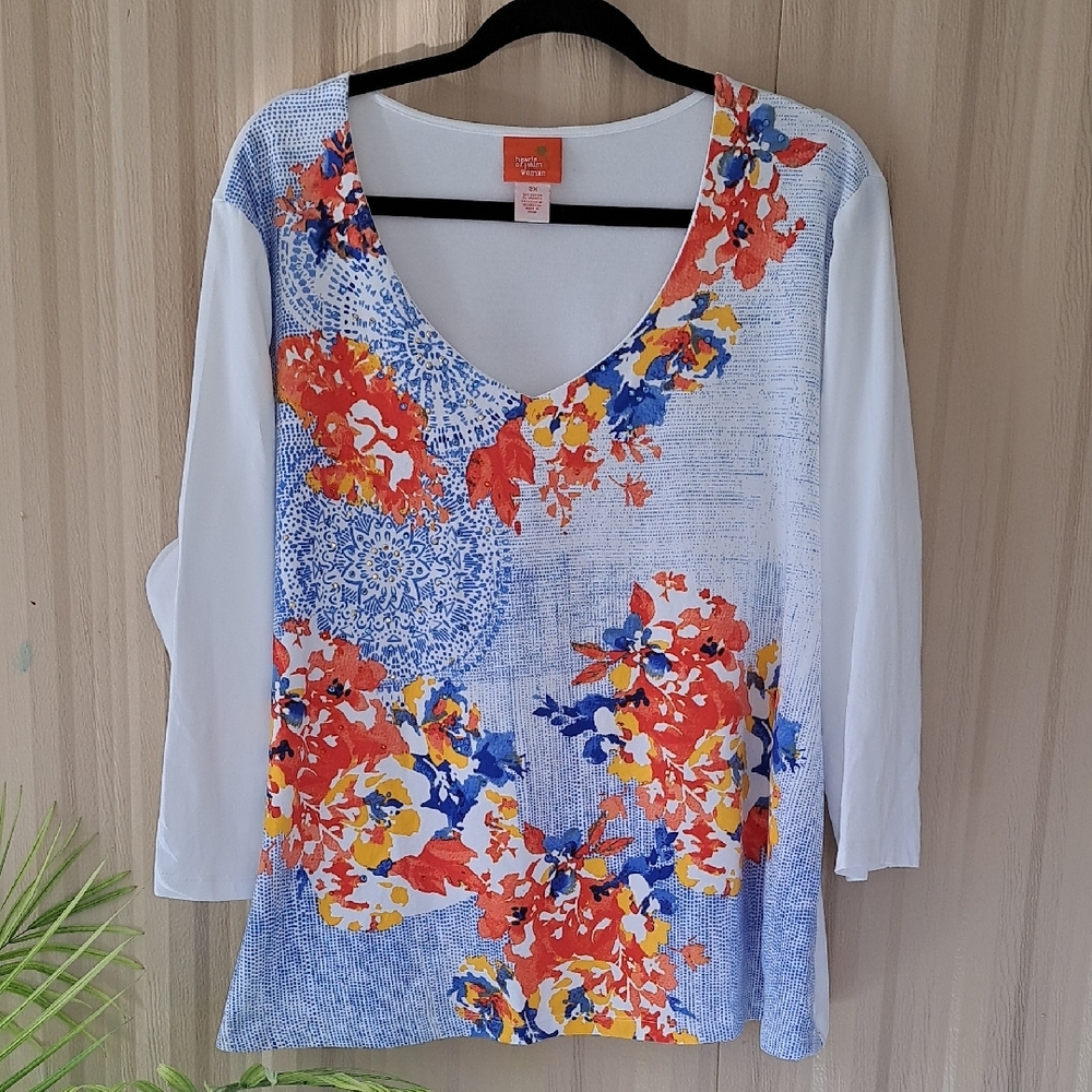 Hearts of Palm Floral Long Sleeve Top - Red, Blue, Yellow.  Size 2X NWOT - Picture 3 of 7